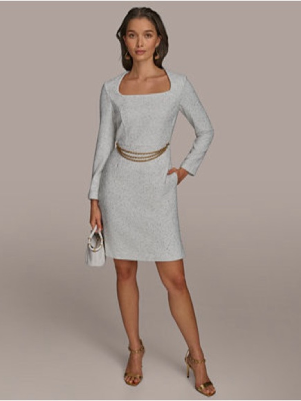 NWT Donna Karan White Square-Neck Long Sleeve Dress with Gold Chain Accent